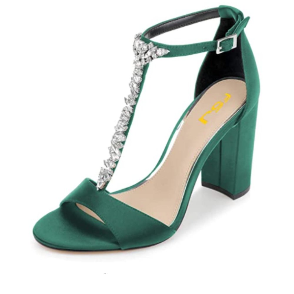 FSJ Green Satin Sandals with Silver Embellishments